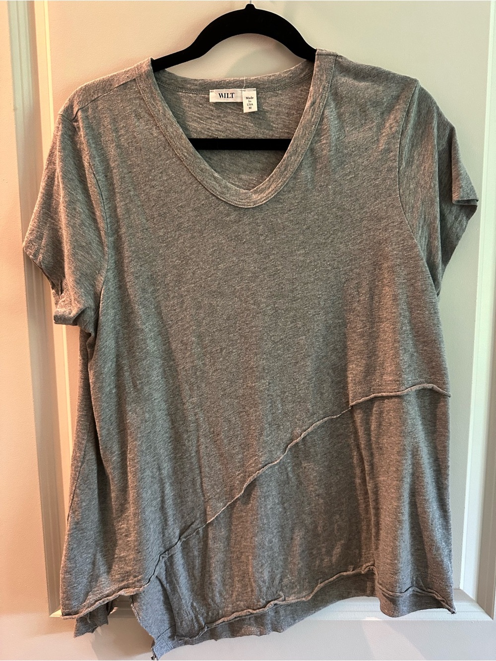 WILT Gray Short Sleeve V-Neck Tee with Diagonal Seam